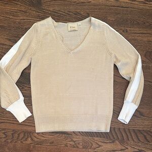 Elie Tahari Gold Beige V-Neck Sweater Top with White Stripes like new Small